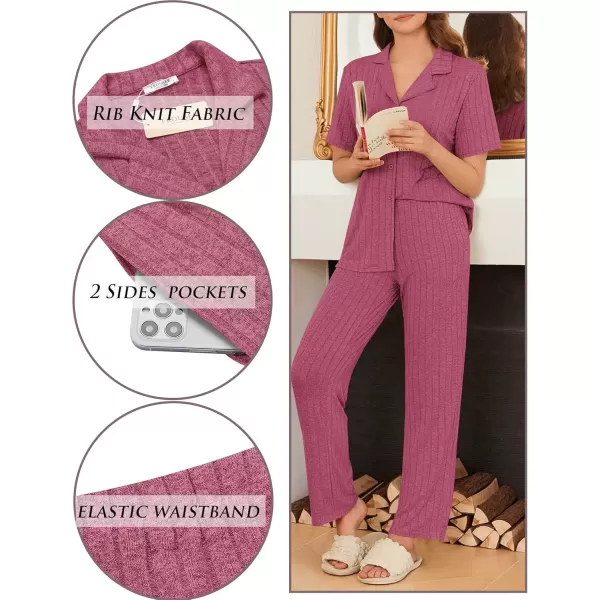 imageEkouaer Womens Rib Knit Pajamas Button Up Lounge Sets Short Sleeve Top and Long Pants Matching Pjs Sleepwear LoungewearRose Pink