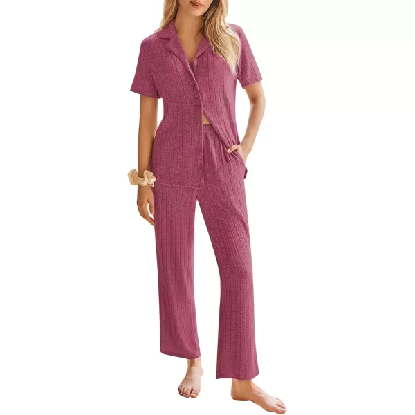 imageEkouaer Womens Rib Knit Pajamas Button Up Lounge Sets Short Sleeve Top and Long Pants Matching Pjs Sleepwear LoungewearRose Pink