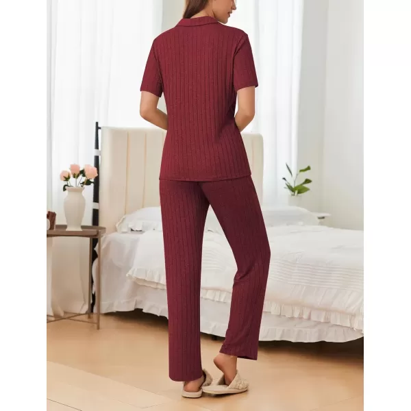 imageEkouaer Womens Rib Knit Pajamas Button Up Lounge Sets Short Sleeve Top and Long Pants Matching Pjs Sleepwear LoungewearWine Red