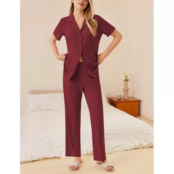 imageEkouaer Womens Rib Knit Pajamas Button Up Lounge Sets Short Sleeve Top and Long Pants Matching Pjs Sleepwear LoungewearWine Red