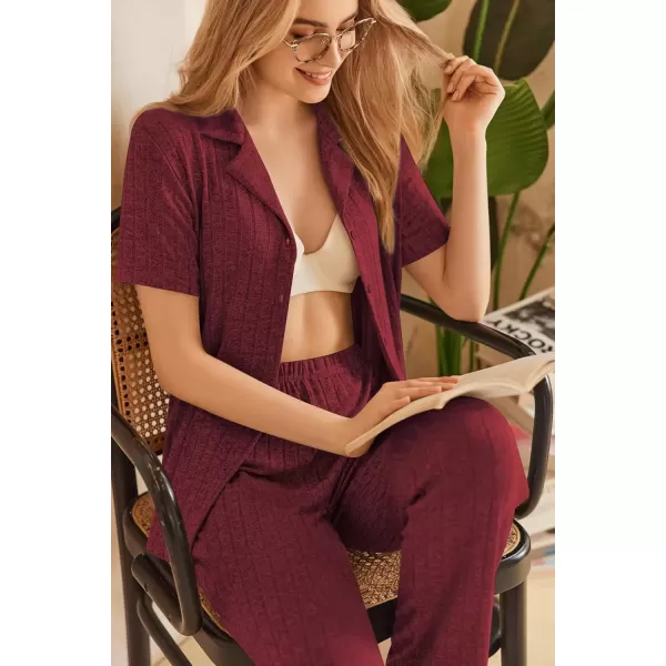 imageEkouaer Womens Rib Knit Pajamas Button Up Lounge Sets Short Sleeve Top and Long Pants Matching Pjs Sleepwear LoungewearWine Red