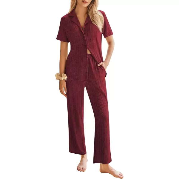 imageEkouaer Womens Rib Knit Pajamas Button Up Lounge Sets Short Sleeve Top and Long Pants Matching Pjs Sleepwear LoungewearWine Red