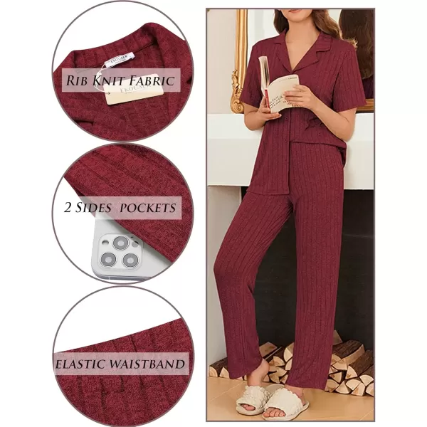 imageEkouaer Womens Rib Knit Pajamas Button Up Lounge Sets Short Sleeve Top and Long Pants Matching Pjs Sleepwear LoungewearWine Red