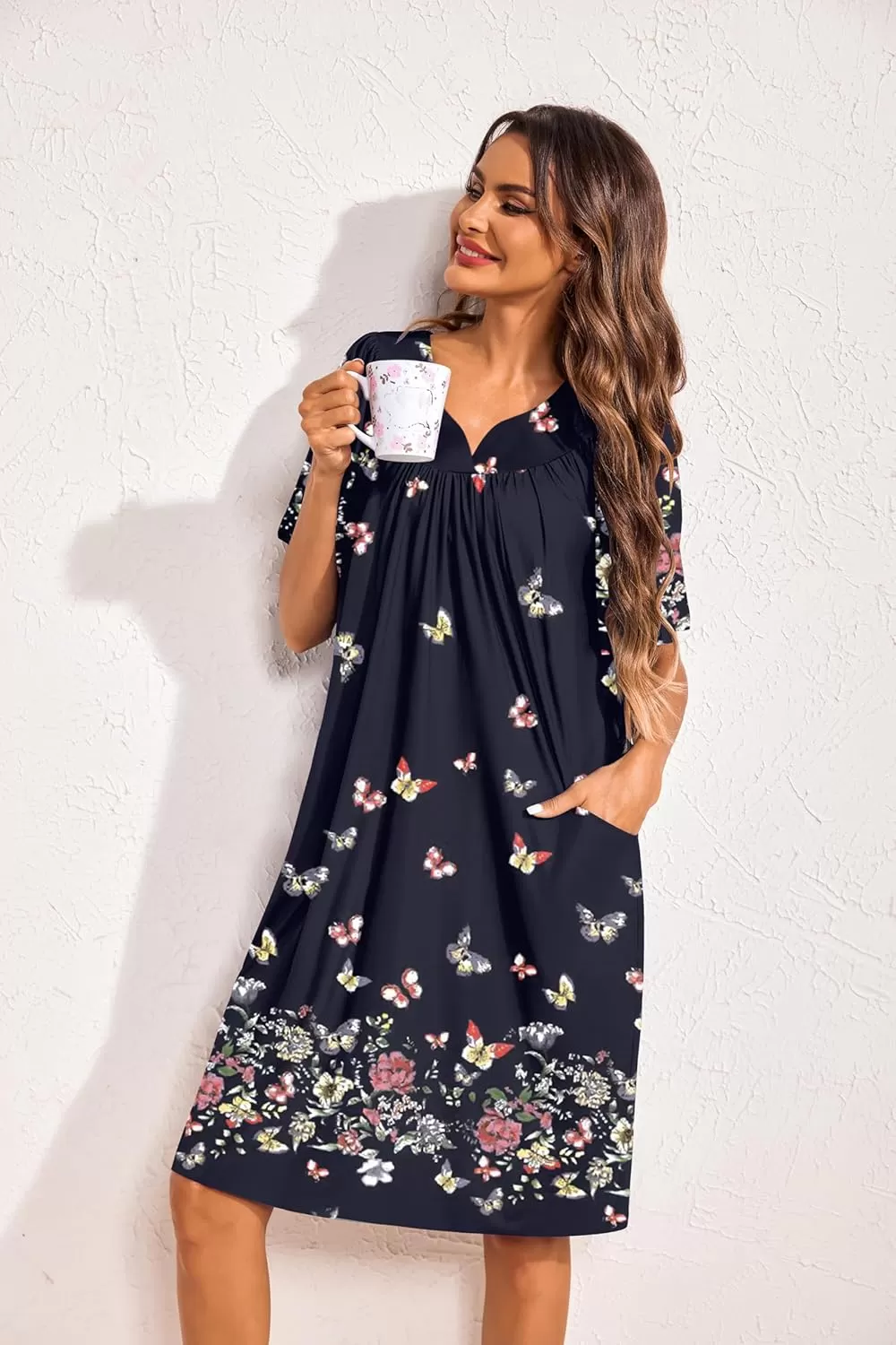 imageEkouaer 2 Pack House Dresses for Women with Pockets Short Sleeve Moo Moos Floral Print Mumu DressesBlue FloralColorful Butterfly