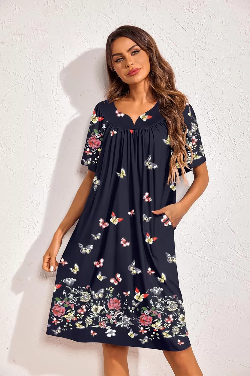 imageEkouaer 2 Pack House Dresses for Women with Pockets Short Sleeve Moo Moos Floral Print Mumu DressesBlue FloralColorful Butterfly
