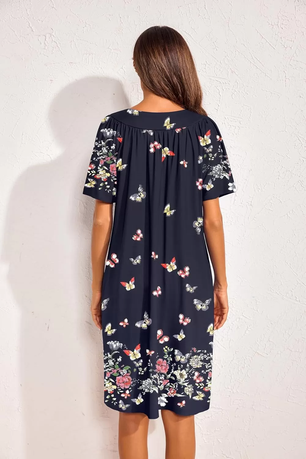 imageEkouaer 2 Pack House Dresses for Women with Pockets Short Sleeve Moo Moos Floral Print Mumu DressesBlue FloralColorful Butterfly