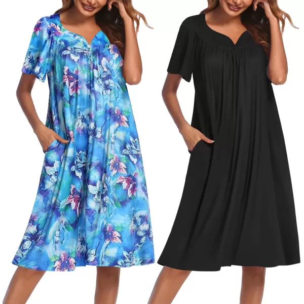 imageEkouaer 2 Pack House Dresses for Women with Pockets Short Sleeve Moo Moos Floral Print Mumu DressesBlue FloralBlack