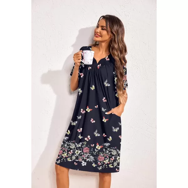 imageEkouaer 2 Pack House Dresses for Women with Pockets Short Sleeve Moo Moos Floral Print Mumu DressesBlue FloralColorful Butterfly