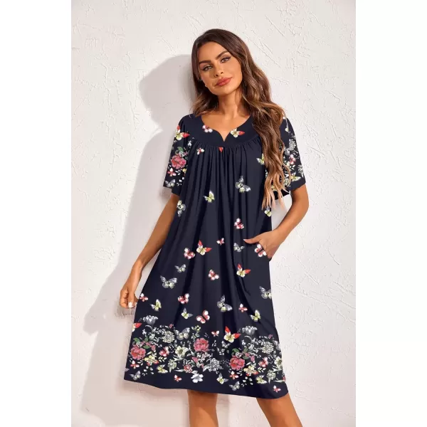 imageEkouaer 2 Pack House Dresses for Women with Pockets Short Sleeve Moo Moos Floral Print Mumu DressesBlue FloralColorful Butterfly