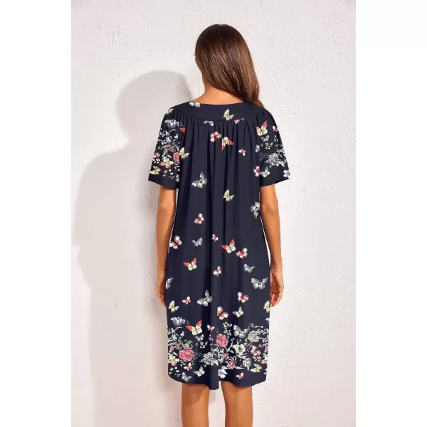 imageEkouaer 2 Pack House Dresses for Women with Pockets Short Sleeve Moo Moos Floral Print Mumu DressesBlue FloralColorful Butterfly