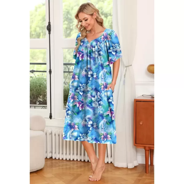 imageEkouaer 2 Pack House Dresses for Women with Pockets Short Sleeve Moo Moos Floral Print Mumu DressesBlue FloralColorful Butterfly