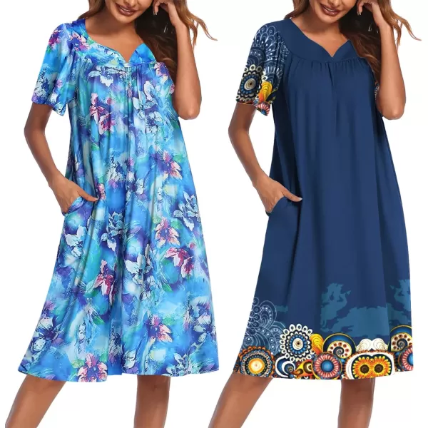 imageEkouaer 2 Pack House Dresses for Women with Pockets Short Sleeve Moo Moos Floral Print Mumu DressesBlue FloralDark Blue Print