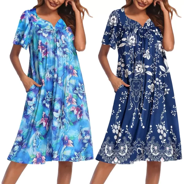 imageEkouaer 2 Pack House Dresses for Women with Pockets Short Sleeve Moo Moos Floral Print Mumu DressesBlue FloralEvening Blue Vines