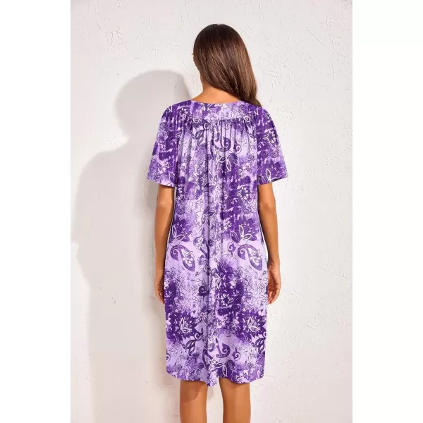 imageEkouaer 2 Pack House Dresses for Women with Pockets Short Sleeve Moo Moos Floral Print Mumu DressesBlue FloralPurple Floral