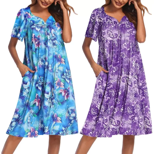 imageEkouaer 2 Pack House Dresses for Women with Pockets Short Sleeve Moo Moos Floral Print Mumu DressesBlue FloralPurple Floral