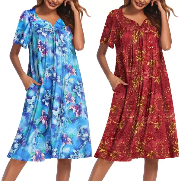 imageEkouaer 2 Pack House Dresses for Women with Pockets Short Sleeve Moo Moos Floral Print Mumu DressesBlue FloralRed Floral