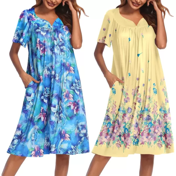 imageEkouaer 2 Pack House Dresses for Women with Pockets Short Sleeve Moo Moos Floral Print Mumu DressesBlue FloralYellow Butterfly