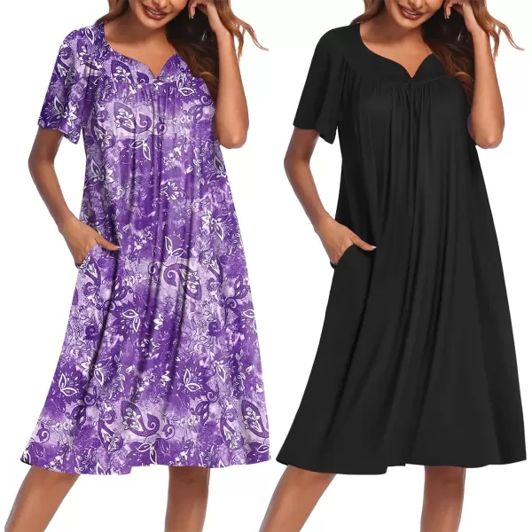 imageEkouaer 2 Pack House Dresses for Women with Pockets Short Sleeve Moo Moos Floral Print Mumu DressesPurple FloralBlack