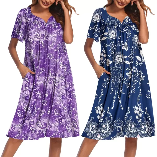 imageEkouaer 2 Pack House Dresses for Women with Pockets Short Sleeve Moo Moos Floral Print Mumu DressesPurple FloralEvening Blue Vines