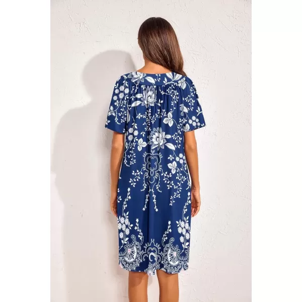 imageEkouaer 2 Pack House Dresses for Women with Pockets Short Sleeve Moo Moos Floral Print Mumu DressesPurple FloralEvening Blue Vines