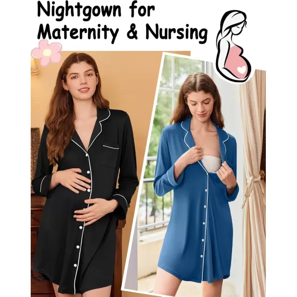 imageEkouaer 2 Pack Nightgowns for Women Long Sleeve Night Shirt Button Down Sleep Shirt VNeck Sleep Dress Pajama SleepwearBlackBlue