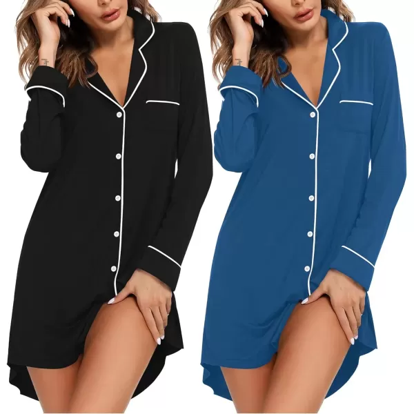 imageEkouaer 2 Pack Nightgowns for Women Long Sleeve Night Shirt Button Down Sleep Shirt VNeck Sleep Dress Pajama SleepwearBlackBlue