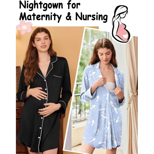 imageEkouaer 2 Pack Nightgowns for Women Long Sleeve Night Shirt Button Down Sleep Shirt VNeck Sleep Dress Pajama SleepwearBlackBlue White Bird