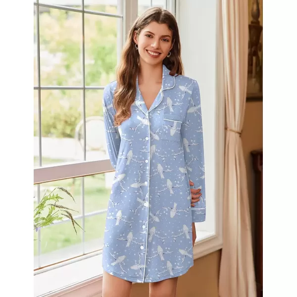 imageEkouaer 2 Pack Nightgowns for Women Long Sleeve Night Shirt Button Down Sleep Shirt VNeck Sleep Dress Pajama SleepwearBlackBlue White Bird