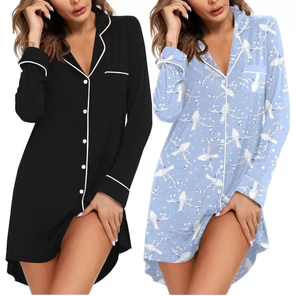 imageEkouaer 2 Pack Nightgowns for Women Long Sleeve Night Shirt Button Down Sleep Shirt VNeck Sleep Dress Pajama SleepwearBlackBlue White Bird