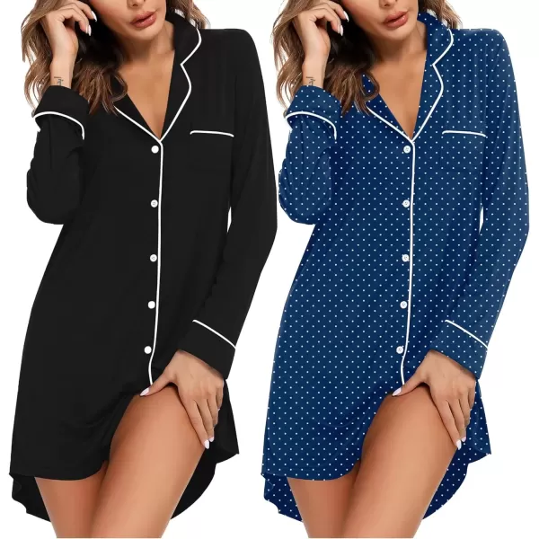 imageEkouaer 2 Pack Nightgowns for Women Long Sleeve Night Shirt Button Down Sleep Shirt VNeck Sleep Dress Pajama SleepwearBlackBlue With White Dots