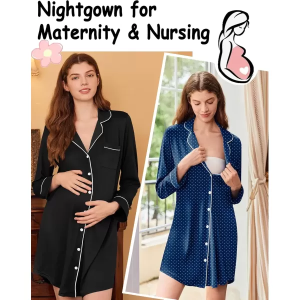 imageEkouaer 2 Pack Nightgowns for Women Long Sleeve Night Shirt Button Down Sleep Shirt VNeck Sleep Dress Pajama SleepwearBlackBlue With White Dots