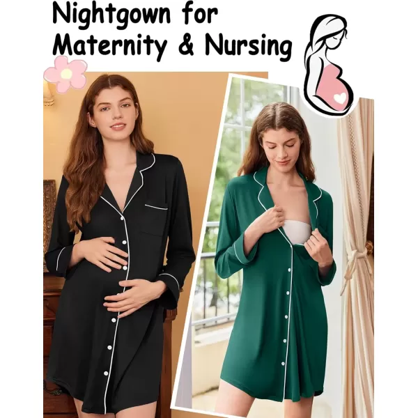 imageEkouaer 2 Pack Nightgowns for Women Long Sleeve Night Shirt Button Down Sleep Shirt VNeck Sleep Dress Pajama SleepwearBlackGreen