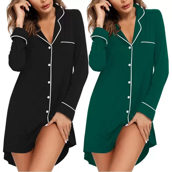 imageEkouaer 2 Pack Nightgowns for Women Long Sleeve Night Shirt Button Down Sleep Shirt VNeck Sleep Dress Pajama SleepwearBlackGreen