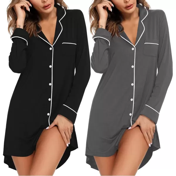 imageEkouaer 2 Pack Nightgowns for Women Long Sleeve Night Shirt Button Down Sleep Shirt VNeck Sleep Dress Pajama SleepwearBlackGrey