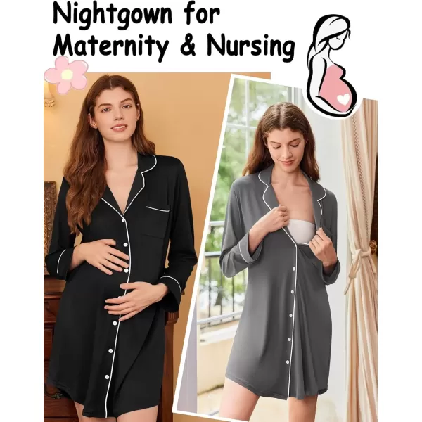 imageEkouaer 2 Pack Nightgowns for Women Long Sleeve Night Shirt Button Down Sleep Shirt VNeck Sleep Dress Pajama SleepwearBlackGrey