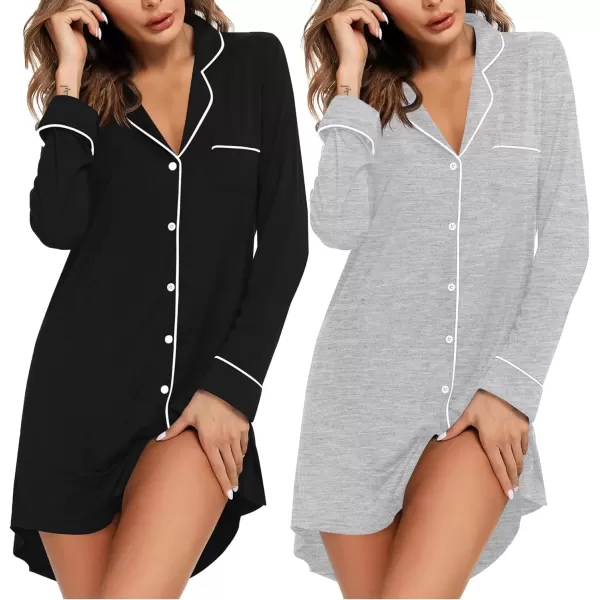 imageEkouaer 2 Pack Nightgowns for Women Long Sleeve Night Shirt Button Down Sleep Shirt VNeck Sleep Dress Pajama SleepwearBlackLight Grey