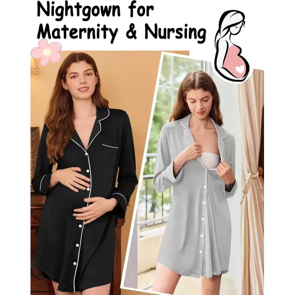imageEkouaer 2 Pack Nightgowns for Women Long Sleeve Night Shirt Button Down Sleep Shirt VNeck Sleep Dress Pajama SleepwearBlackLight Grey