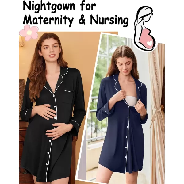 imageEkouaer 2 Pack Nightgowns for Women Long Sleeve Night Shirt Button Down Sleep Shirt VNeck Sleep Dress Pajama SleepwearBlackNavy Blue