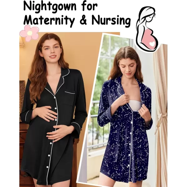 imageEkouaer 2 Pack Nightgowns for Women Long Sleeve Night Shirt Button Down Sleep Shirt VNeck Sleep Dress Pajama SleepwearBlackNavy Blue Starry Sky