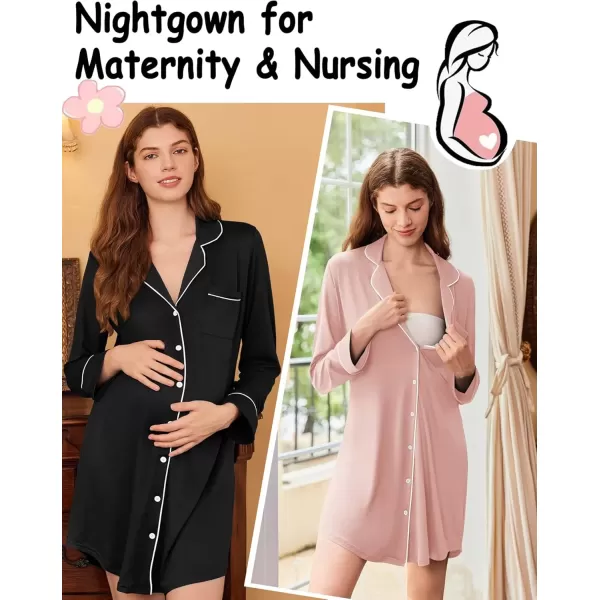 imageEkouaer 2 Pack Nightgowns for Women Long Sleeve Night Shirt Button Down Sleep Shirt VNeck Sleep Dress Pajama SleepwearBlackPink