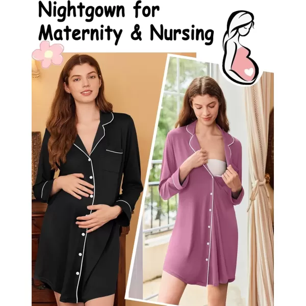 imageEkouaer 2 Pack Nightgowns for Women Long Sleeve Night Shirt Button Down Sleep Shirt VNeck Sleep Dress Pajama SleepwearBlackPurple