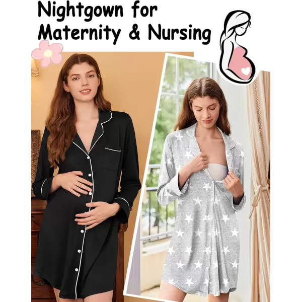 imageEkouaer 2 Pack Nightgowns for Women Long Sleeve Night Shirt Button Down Sleep Shirt VNeck Sleep Dress Pajama SleepwearBlackStars