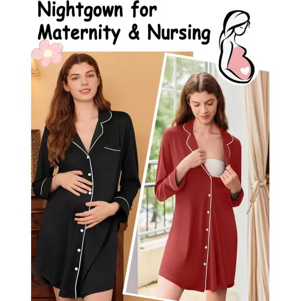 imageEkouaer 2 Pack Nightgowns for Women Long Sleeve Night Shirt Button Down Sleep Shirt VNeck Sleep Dress Pajama SleepwearBlackWine Red