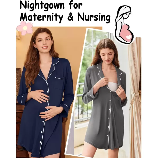 imageEkouaer 2 Pack Nightgowns for Women Long Sleeve Night Shirt Button Down Sleep Shirt VNeck Sleep Dress Pajama SleepwearNavy BlueGrey