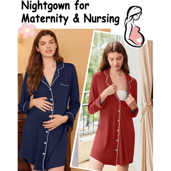 imageEkouaer 2 Pack Nightgowns for Women Long Sleeve Night Shirt Button Down Sleep Shirt VNeck Sleep Dress Pajama SleepwearNavy BlueWine Red