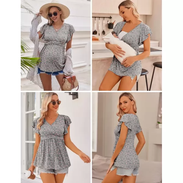 imageEkouaer Maternity Shirts 3 Packs Flying Short Sleeve Nursing Tops Pregnancy ClothesBlackarmy Greenfloral Grey3pcs