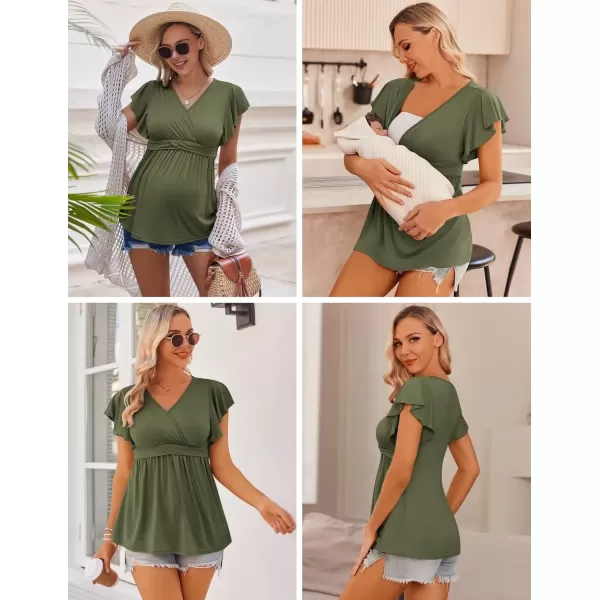 imageEkouaer Maternity Shirts 3 Packs Flying Short Sleeve Nursing Tops Pregnancy ClothesBlackarmy Greenfloral Grey3pcs
