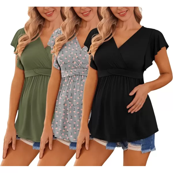 imageEkouaer Maternity Shirts 3 Packs Flying Short Sleeve Nursing Tops Pregnancy ClothesBlackarmy Greenfloral Grey3pcs