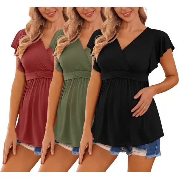 imageEkouaer Maternity Shirts 3 Packs Flying Short Sleeve Nursing Tops Pregnancy ClothesBlackarmy Greenwine Red3pcs