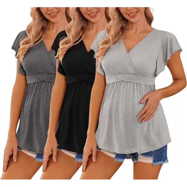 imageEkouaer Maternity Shirts 3 Packs Flying Short Sleeve Nursing Tops Pregnancy ClothesBlackdark Greylight Grey3pcs